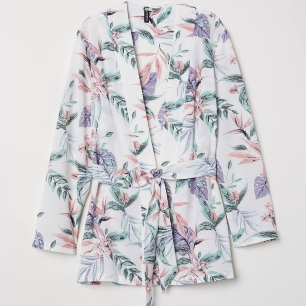 NWT H&M Cream Palm Floral Print Kimono Style Jacket with Belt